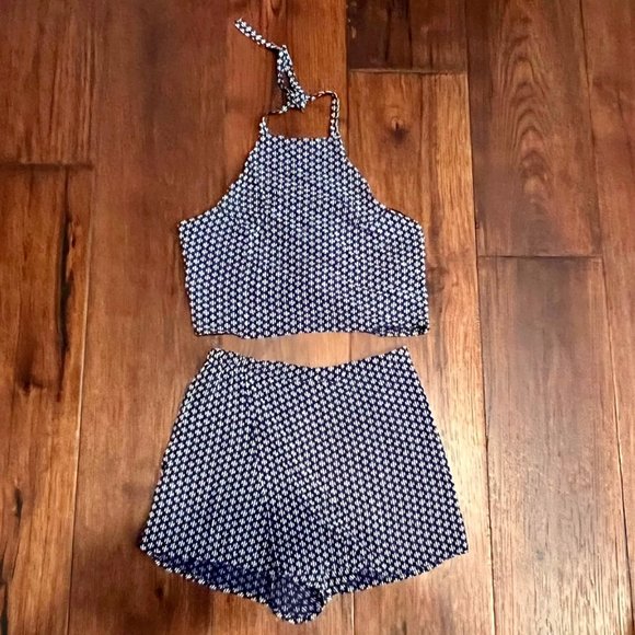 GEOMETRIC PRINT MATCHING CO-ORD SET, SIZE US X-SMALL, DARK BLUE/WHITE - Picture 1 of 5